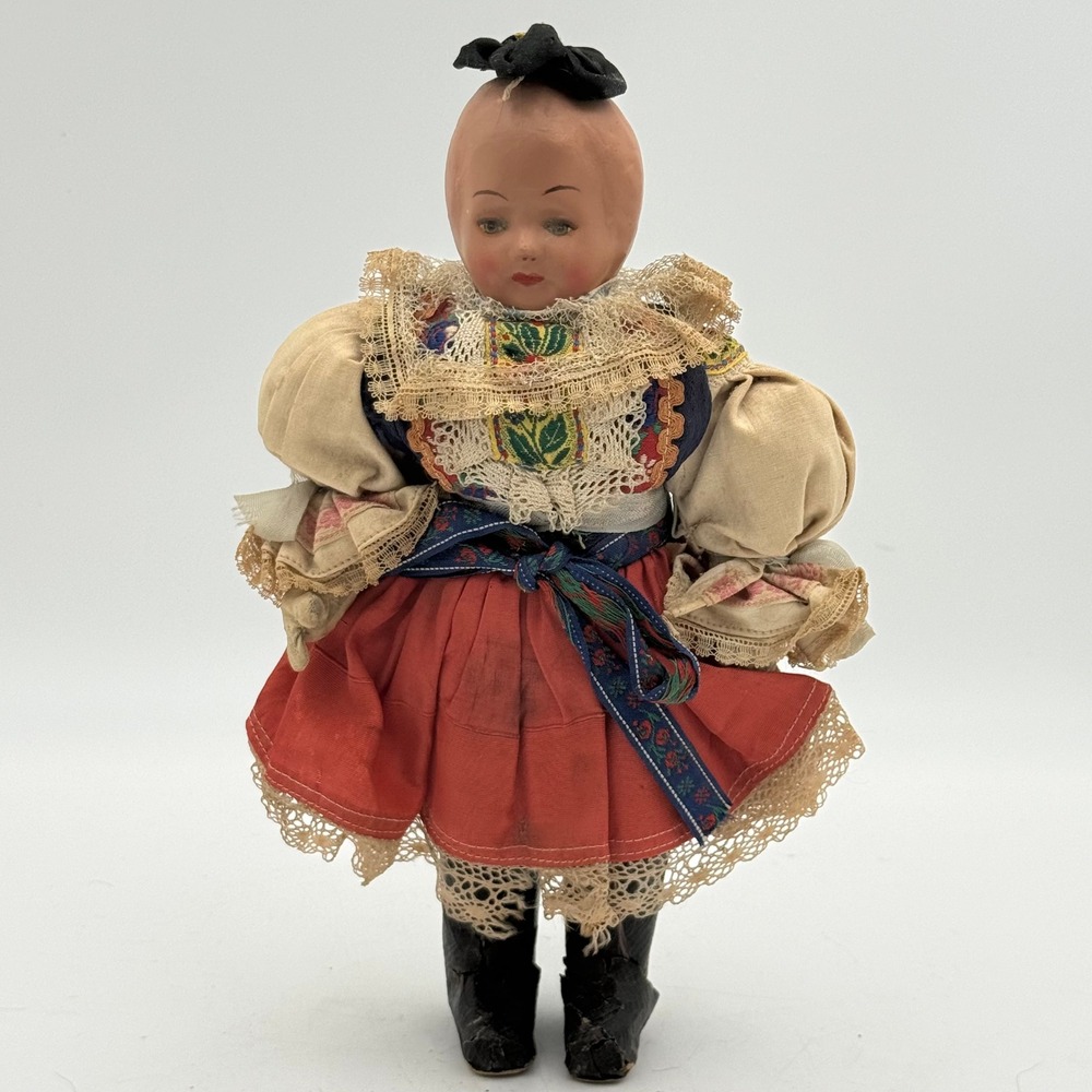 Vintage Composition Folk Doll Traditional European Costume Lace Red Skirt 10"